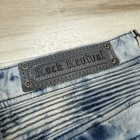 Rock Revival Moto Men's Daviday Jeans Acid Wash Blue - Size 30x32